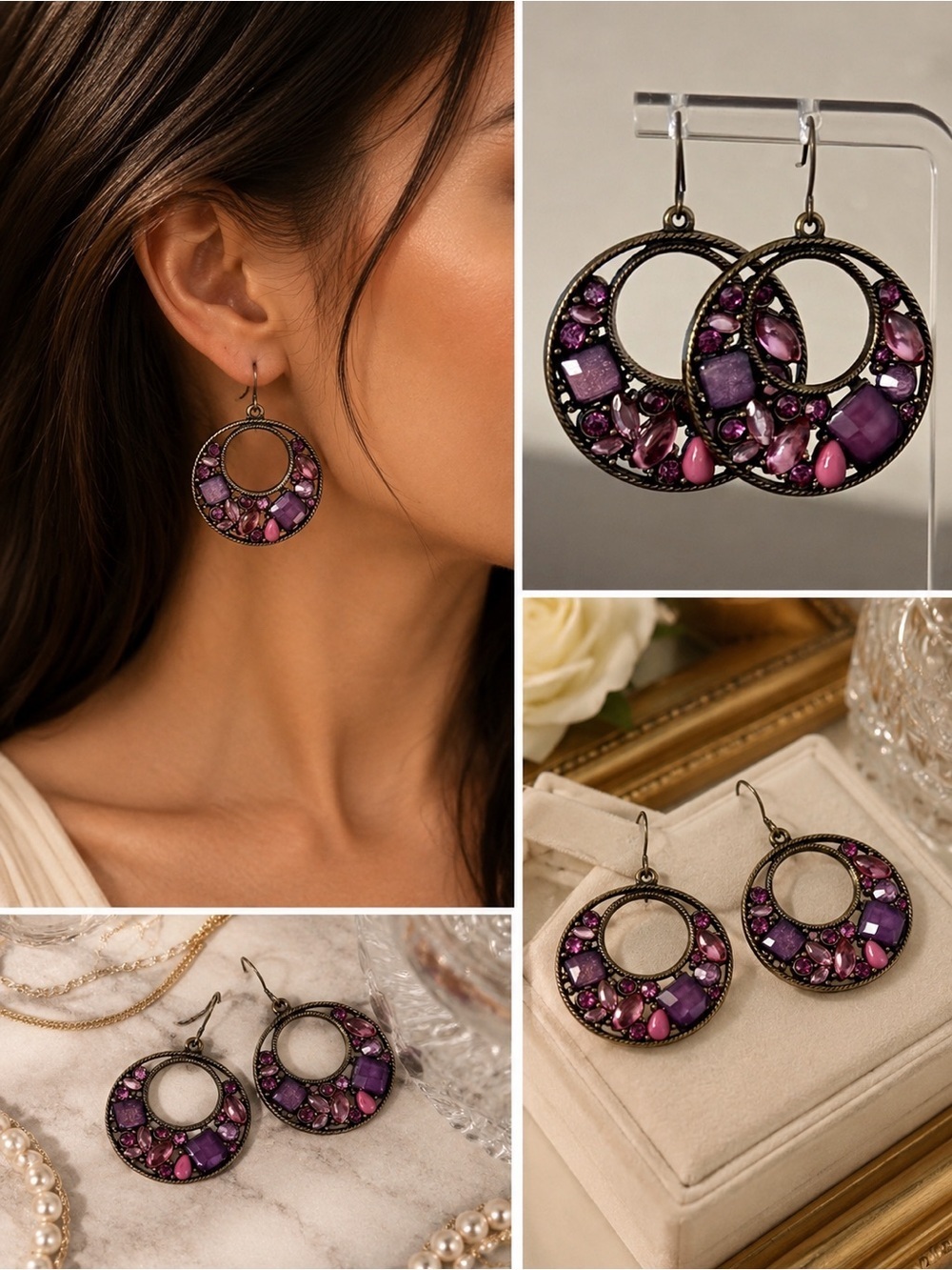 Radiant Purple Crystal Statement Hoop Earrings | Silver Tone Luxury Drop | New